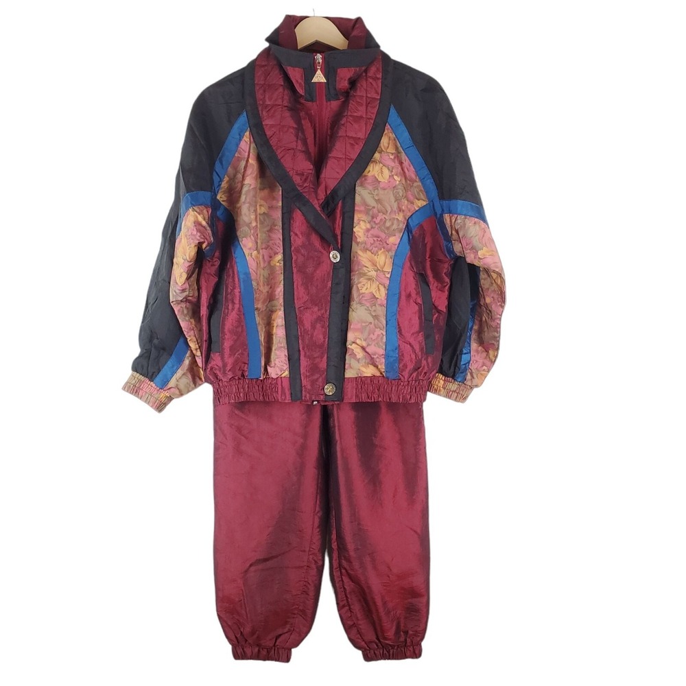 Vintage‎ Track Suit Womens Small Petite Maroon Colorblock Nylon Jacket Pants